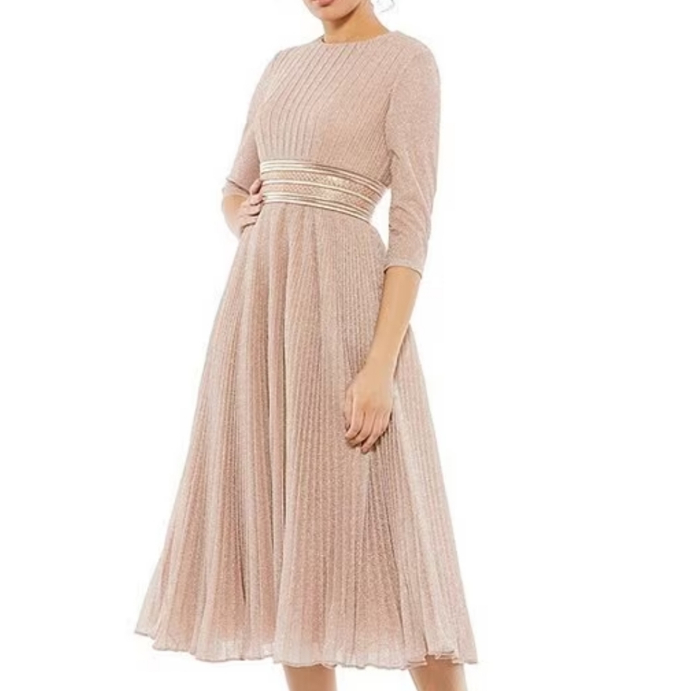 Mac Duggal Blush Metallic Pleated Midi Dress